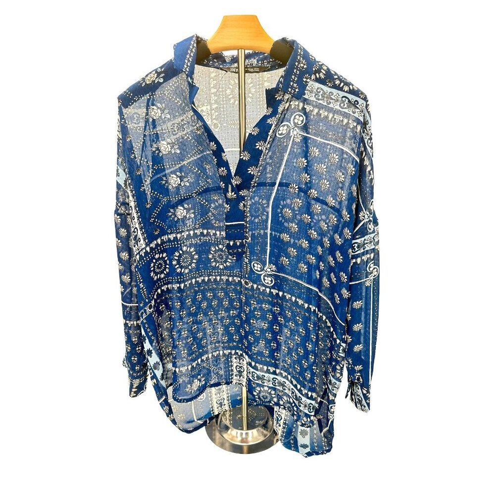 Zara Blue White Bandana Patchwork Print Oversized High Low Blouse Top Small
